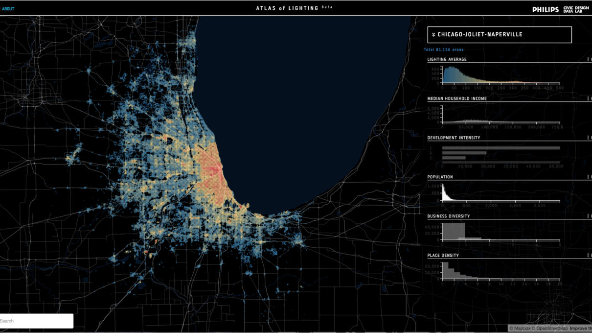 The tool was named “Atlas of Lighting” because it’s used to understand lighting patterns accross different demographics in urban areas around the city. It can also illustrate how lighting intensities vary from city to city. The data is taken from satellite images, and is then processed and analyzed by the team at the Lab.